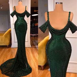Groene jurken zeemeermin avond donkere riemen van de schouder sprankelende kralen pailletten op maat gemaakte formele ocn slijtage Arabische prom jurk vestidos