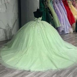 Groene jurken mint 2024 Quinceanera kanten applique van de schouderbanden vegen trein zoet 16 verjaardag feest prom ball formal avondvestidos