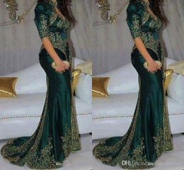 Green Elegant Elegant Dark Sirène Robes de soirée Broiderie Per perle Péquen High Neck Indian 1/2 Gold Gold Appliques Robes de Prom Robe Party