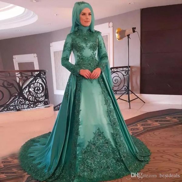 Green Elegant Mint Muslim 2019 Robes Long Lace Applique Sweep Train Formelle Robe de soirée Les robes de fête portent des robes OCN spéciales