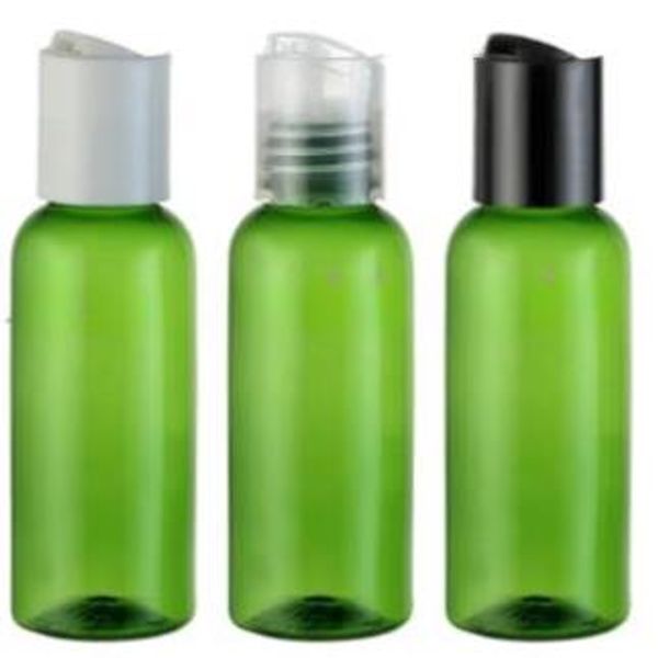 Récipient de bouteilles cosmétiques PET vide vert avec bouchon de presse, bouteilles en plastique de taille de voyage 50cc avec bouchons à vis 50 pièces/50 ml