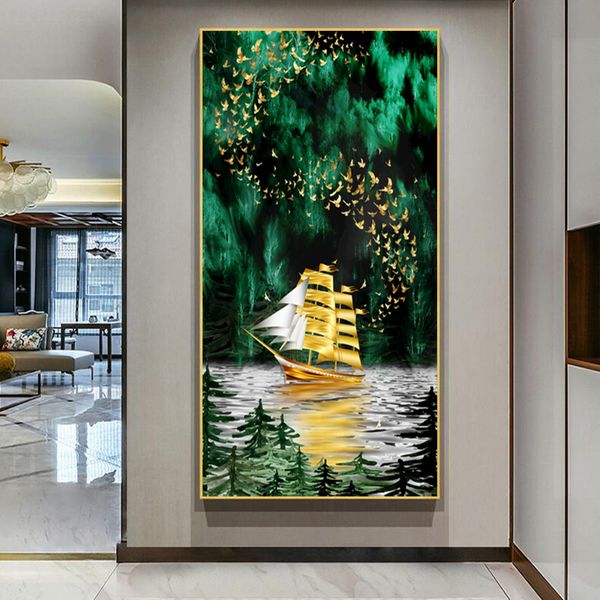Entrée verte peinture bateau doré oiseau mur Art photos pour salon décor à la maison plantes tropicales affiches impressions sur toile