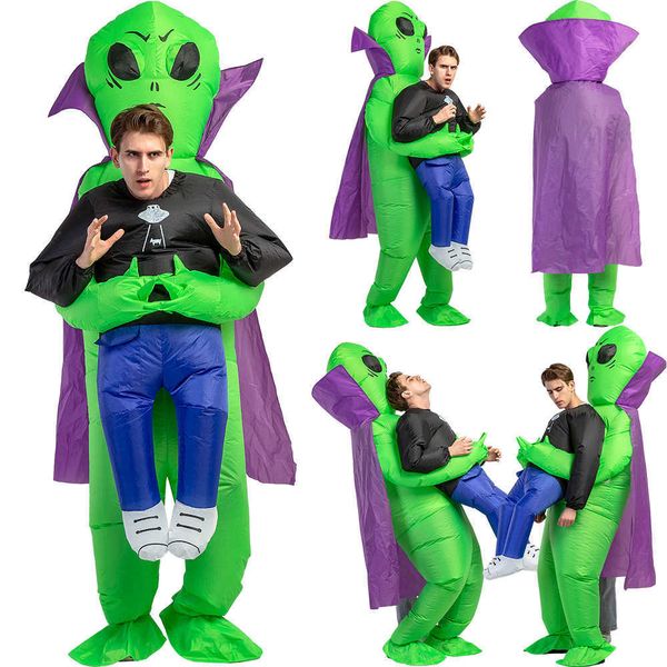 Green ET Alien Inflable Disfraz Cosplay Divertido UFO Alien Air Blow Up Suit Party Fancy Dress Disfraces de Halloween para niños adultos Q0910