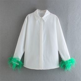 Plumes vertes sur les poignets Blouses pour femmes Manches longues Vêtements pour femmes Blanc Blouses féminines élégantes Tops Chemises pour femmes Top 220727