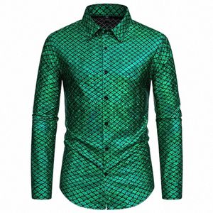 Chemise à paillettes métalliques pour hommes, motif écailles de poisson vert, marque Slim Lg manches Dr chemises hommes années 70 Disco discothèque vêtements 72CW #