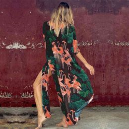 Green Flamingos Boho Impreso Gasa Bikini Cover-ups Tallas grandes Ropa de playa Kimono Vestido Mujer Verano Traje de baño Cubrir A789 210420