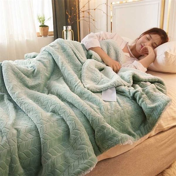 Manta y mantas de lana verde Manta de invierno gruesa y cálida para adultos Edredón súper suave de lujo sólido en ropa de cama doble 211101