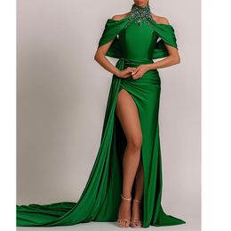 Groen Bloemen Off-shoulder Galajurken Mouwloos Kralen 3D Bloemen Zeemeermin Applicaties Bruids Hoge Jurken Ruglooze Knopen Vestido De Novia 328 328