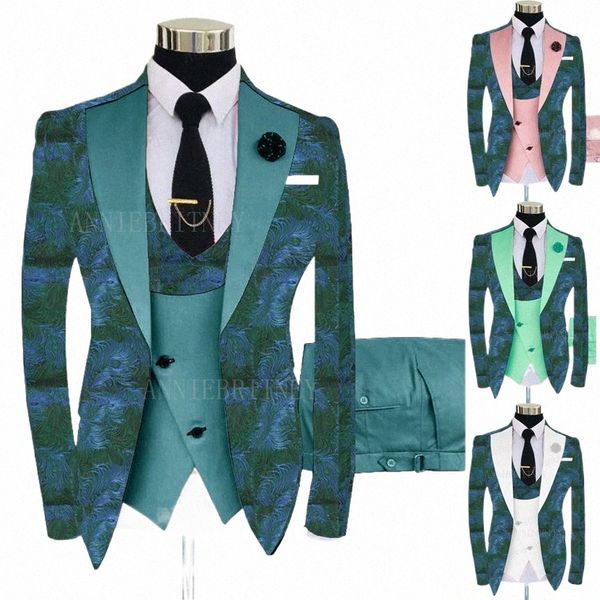 Costume de mariage pour hommes, imprimé floral vert, 3 pièces, costume de marié, smoking, coupe cintrée, blazer, veste, bleu marine, gilet, pantalon, P2yr #