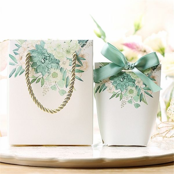 Sacs à main de cadeau de boîte de sucrerie d'impression florale verte avec l'emballage pour des pochettes de Regalo de Noël de bijoux 220427