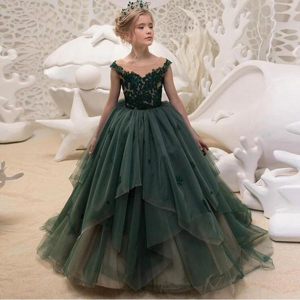 Vestidos de niña de flores verdes para bodas Vestido de banquete Niña con cuentas Cumpleaños Vestidos de primera comunión Pétalos Manga larga Vestido de fiesta