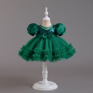 Green Flower Girl Robes Mariage Sheer Coulle en tulle Princesse Princesse Bille Boule de bal Junior Bridesmaid Robe For Girls Big Bow Little Baby Pageant