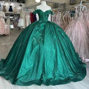 Groene bloemen bloemen quinceanera jurken off schouderbal jurk prom jurk lange glanzende zoete 16 formele jurken brithdday feestvestido 15 vx anos back veter-up plus maat