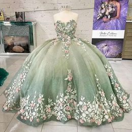 Fleurs vertes légères quinceanera robes faites à la main robe de bal chérie appliques sans manches corset pour sweet 15 filles fête