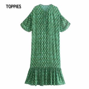 Groene bloemen afdrukken maxi jurk vrouw zomer korte mouw gesplitst ruches zoom casual vrouwelijke kleding 210421