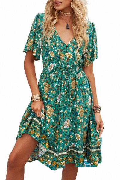 robe bohème à imprimé floral et manches flottantes vertes 84FY #