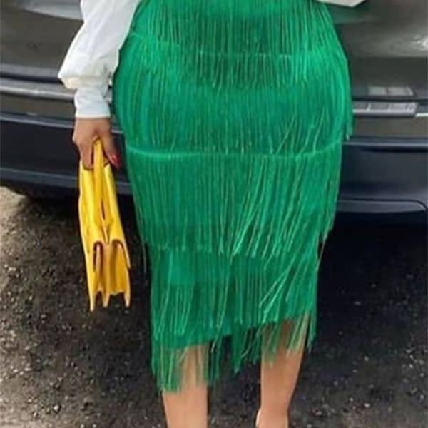 Frange verte moulante jupes crayon gland taille haute femmes gaine extensible longueur midi dames jupe mince Saias faldas grande taille 220317