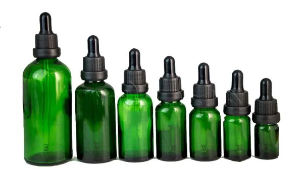 Botellas de pipeta de reactivo líquido de vidrio verde Cuentagotas de aromaterapia 5 ml-100 ml Aceites esenciales Botellas de perfumes al por mayor