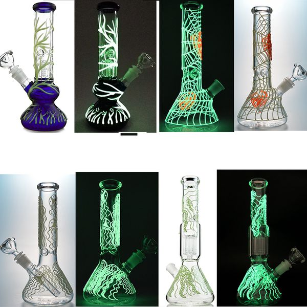 Cachimbas que brillan en la oscuridad Aceite Dab Rigs 6 Brazo Árbol Perc Bongs de vidrio 18 mm Junta hembra Tubo de agua brillante 5 mm de espesor Vaso Bongs Medusas Fumar GID05