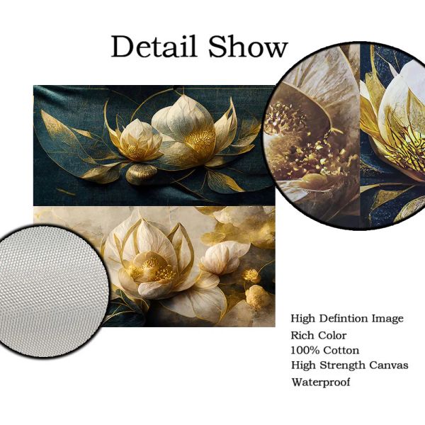 Green Gold Lotus Flower Wall Art Affiche imprimé toile peinture élégante plantes de luxe de luxe photo salon décor à la maison Cuadro