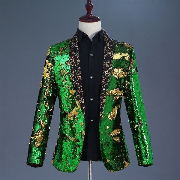 Vert Or Sequin Veste Chanteur Performance Costume Danseur Outfit Blazer pour Hommes Or Hommes Sequin Stage Vestes Hommes Costumes De Bal 201104