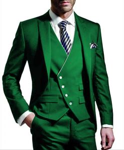 Groene bruidegom Tuxedos Peak Rapel Slim Fit Groomsmen Trouwjurk Modieuze man Jacket Blazer 3 -delige pak Custom Made Made