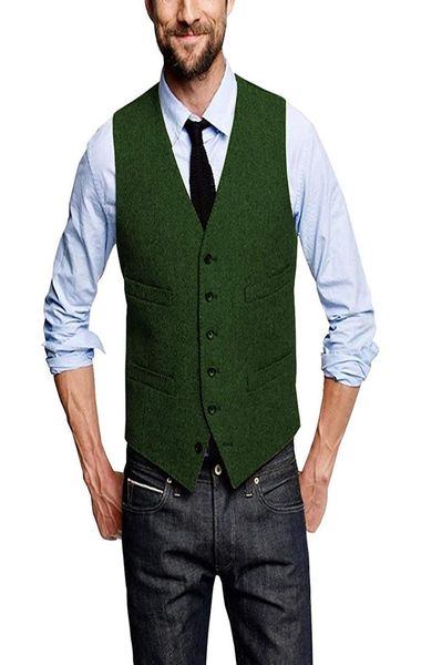 Chalecos de novio verdes Chaleco de novio de lana en espiga 2020 Bolsillos con cinco botones Chalecos de traje para hombres Chalecos de vestir ajustados para hombres Weddi8862438