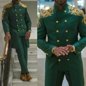 Tuxedos de mariage vert pour marié, avec des Appliques dorées, col montant, Double boutonnage, pour fête d'anniversaire, vêtements de cérémonie, 2 pièces, costumes de pantalon