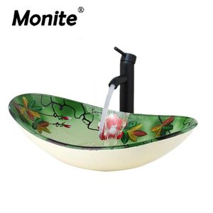 Peinture à la main verte en verre ovale vanité vanité lavabo mixage de salle de bain bassin lait en laiton noir robinet noir