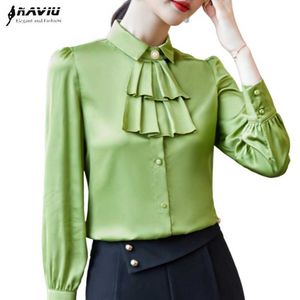 Vert haut de gamme en mousseline de soie chemise femmes automne conception à manches longues formelle Satin Blouses bureau dames professionnel travail hauts 210604