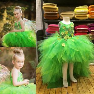 Vert haut bas filles Pageant robes coloré flore appliques tulle robe de bal robes de fille de fleur pour le mariage à plusieurs niveaux bébé robe de soirée formelle