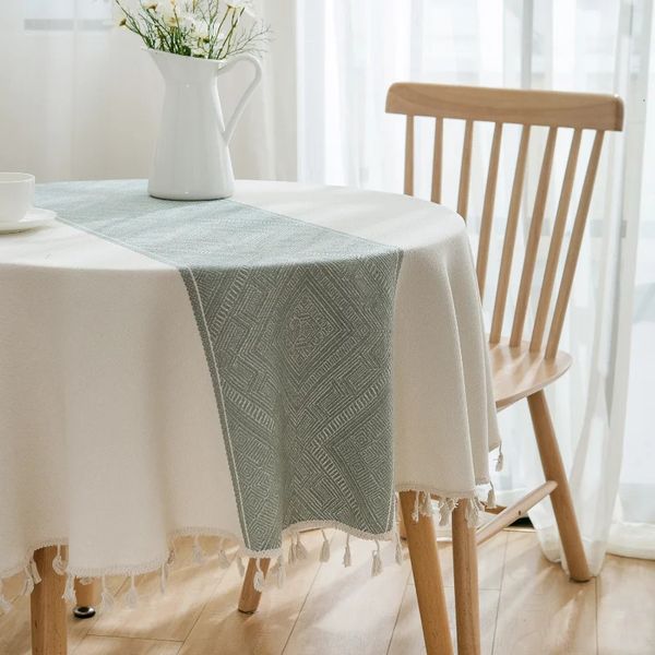 Nappe géométrique Jacquard vert avec pompon Table ronde nappe à thé décor de Table à manger couverture de Table de fête de mariage 240123