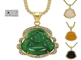 Bijoux de jade vert riant collier de chaîne de pendentif Bouddha pour femmes acier inoxydable accessoires d'amulette à or d'or