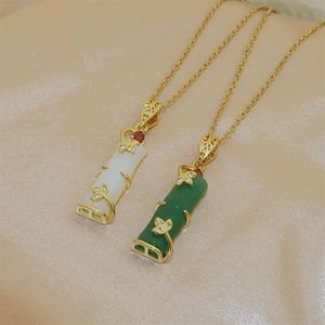 Collar de acero de titanio con nudo de jade VERDE, cadena de clavícula de bambú rica a la moda para mujer, joyería de estilo étnico simple 317l