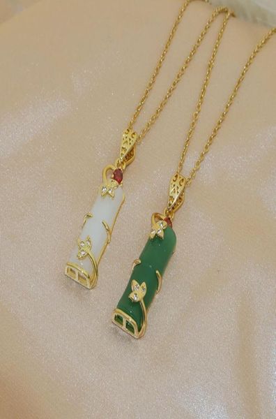 Collier en acier titane avec nœud de jade vert pour femme, chaîne de clavicule en bambou riche, style ethnique simple, bijoux 4357756