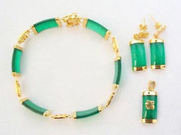 Conjunto de pendientes, pulsera y collar con colgante de fortuna chapado en oro amarillo de Jade verde70995901254862