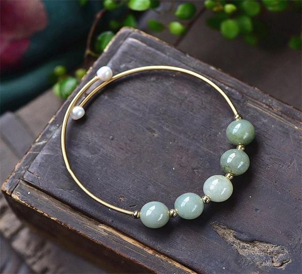 Pulsera de cuentas redondas de piedra de Jades verdes, brazalete de alambre relleno de oro de 14K con perlas naturales, joyería artesanal hecha a mano para mujer 7411498