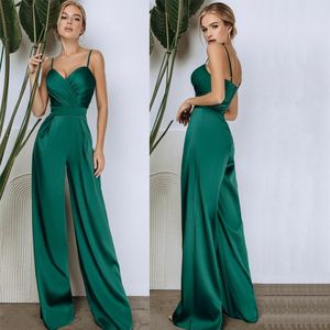 Groene jumpsuit prom jurken sexy spaghetti strap cocktail party outfit ruched satijn empries dames gewaad de soiree 264i
