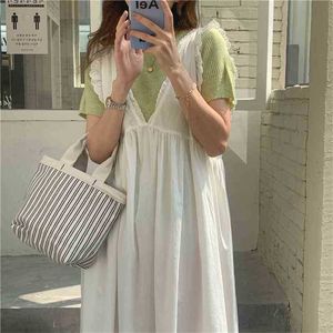 Groene gebreide slanke casual femme chique tops + witte kant a-lijn solide alles overeen met losse lange jurken vestidos 210525