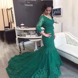 Grüne Spitze Meerjungfrau Ballkleider 3/4 Ärmel 2020 V-Ausschnitt Pailletten Perlen Arabisch formelles Kleid Abendkleider Hofzug Robe de Soiree