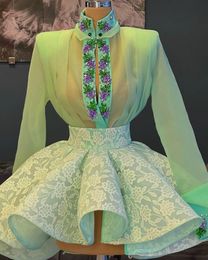 Groene Kant Organza Korte Prom Gelegenheidsjurken met Lange Mouwen Kristal Kralen Hoge Hals Gezwollen Rok Mini Avond Homeing Afstuderen Jurk