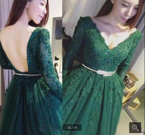 Robe de bal en dentelle verte avec ceinture dorée Une ligne appliques à manches longues perles de bal robes de bal sans dos de bal sexy.