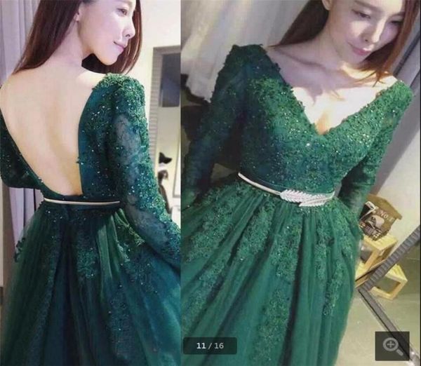 Robe de bal en dentelle verte avec ceinture dorée Une ligne appliques à manches longues perles de bal robes de bal sans dossiers