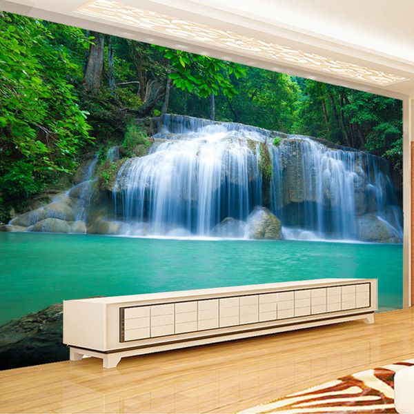 Papier peint 3D Non tissé personnalisé avec cascade de lac vert, paysage naturel, pour chambre à coucher, salon, arrière-plan de canapé TV
