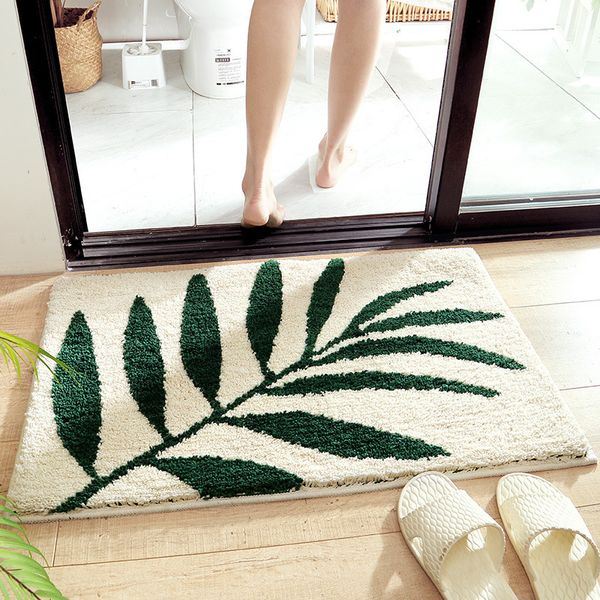Tapis de bain floqué de feuilles vertes, antidérapant, absorbant, en microfibre, pour salle de bain, porte d'entrée de maison, en fourrure, pour cuisine
