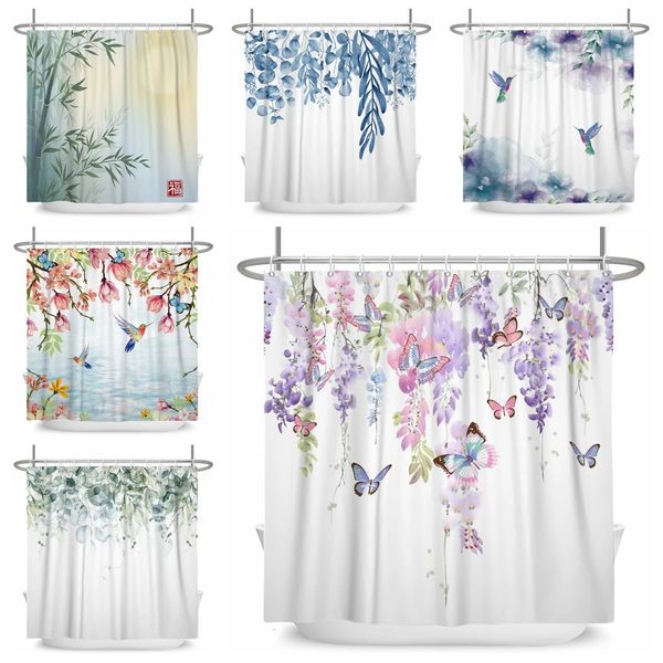 Feuilles vertes Plant Flower Butterfly Douche de douche Animal sauvage Tissu imperméable Curtain de salle de bain Accessoire décor 240423