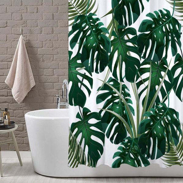 Feuilles vertes Rideau de douche blanc Jungle tropicale Salle de bain Nature Tissu en polyester résistant à la moisissure imperméable pour décor de baignoire T200711