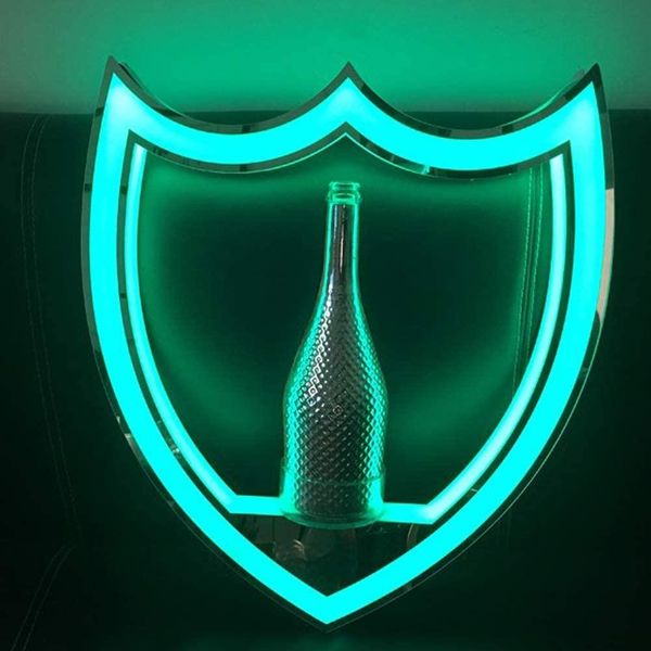 Green Light Dom Pérignon Champagne Bottle Présentant Shield Glorificer Affichage de l'enseigne Neon VIP Service pour Night Club Mariage Party Bar Custom Recharteable