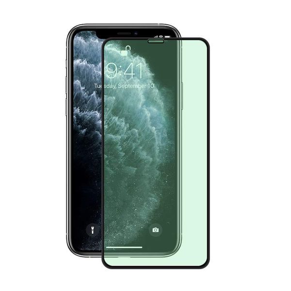 Écran de lumière verte verre trempé couverture complète protecteur de film d'impression en soie bord noir pour Apple iPhone 15 14 13 12 11pro max X XR Xs Max