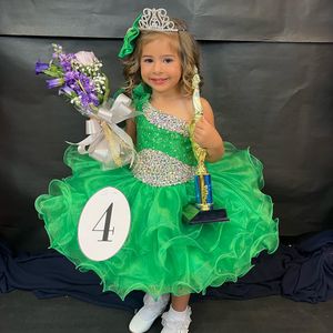 Vert Petite Fille Cupcake Pageant Robe 2024 Une Épaule AB Pierre Volants Glitz Bébé Enfant Amusant Mode Piste Drame Anniversaire Formelle Cocktail Robe De Soirée Enfant En Bas Âge